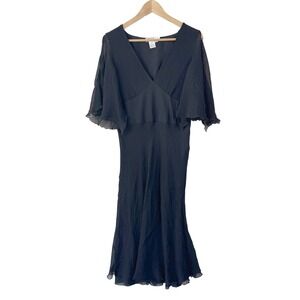 Bloomingdale's Silk Midi Dress 14 Black Flutter Sleeve V-Neck Classic Whimsigoth
